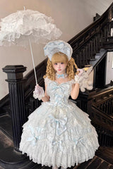 Blue [Sakura Dream Romance] Sleeveless Multi-Layered Ruffled Hanayome Bow Lace Sweet Princess Lolita Jsk Dress - Product - 6