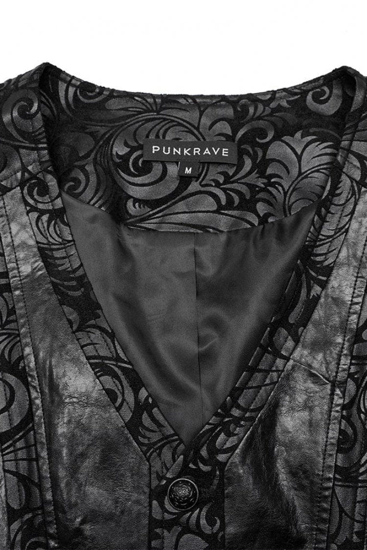 Black V Collar Sleeveless Exquisitely Carved Floral Print Faux Leather Mens Gothic Vest - Product - 9