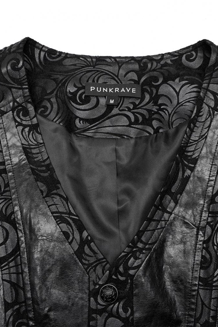 Black V Collar Sleeveless Exquisitely Carved Floral Print Faux Leather Mens Gothic Vest - Product - 9