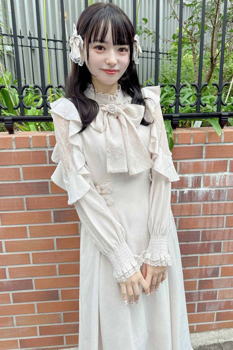 White Stand Collar Off Shoulder Long Sleeves Hollow Bowknot Slim Jirai Kei Japanese Dress - Product - 10