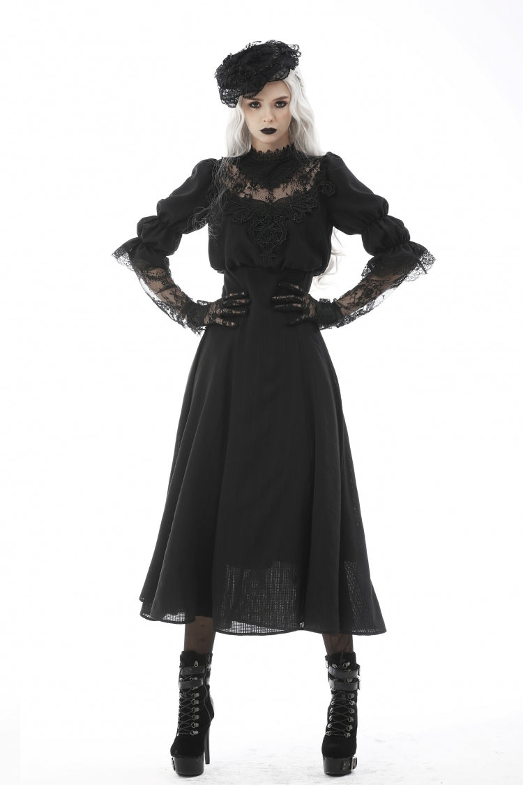 Black Stand Collar Cut-Out Half Sleeves Lace Spliced Women's Gothic Maxi Dress - Product - 8