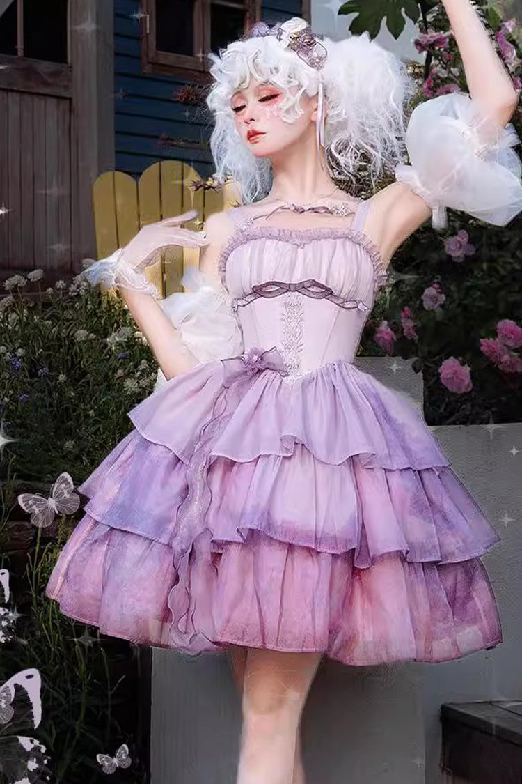 Purple Gradient The Forty-Fourth Sunset Oil Painting Triple-Layered Ruffle Bowknot Sweet Lolita Jsk Dress - Purple - 1