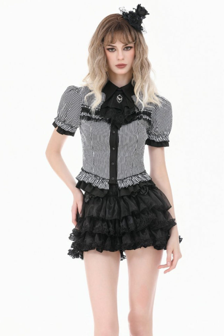 Black/White Pinstripe Short Puff Sleeves Lace-Up Women's Preppy Style Swallow-tailed Blouse with Detachable Tie - Black/White - 1