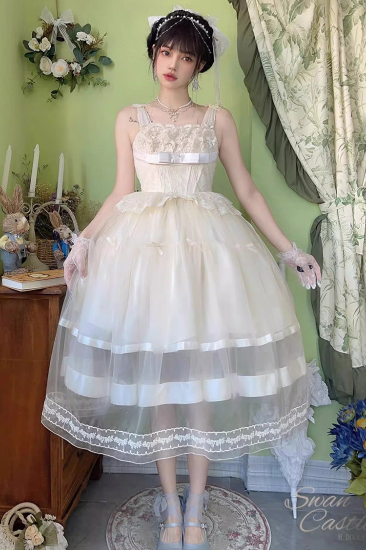 Ivory [Swan Castle] Ruffle Bowknot Lace Sweet Elegant Gorgeous Lolita Jsk Long Dress - Ivory - 1