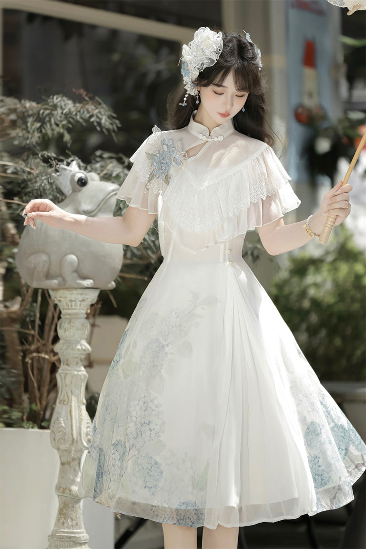 White [Hydrangea Message] Short Sleeves Print Ruffle Lace Sweet Chinese Style Elegant Lolita Short Dress - Product - 5