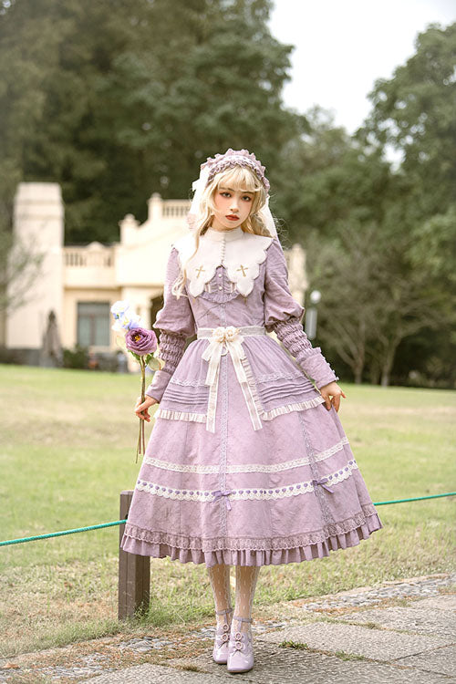 Purple Cross Dark Church Elegant Lace Long Sleeves Ruffled Classic Lolita OP Dress - Product - 5