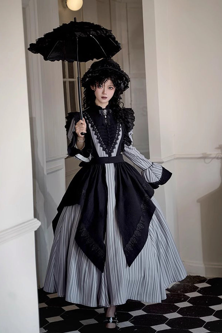 Light Grey [Nocturne] Vertical Stripes Print Ruffle Bowknot Lace Gothic Lolita Dress 2 Versions - Product - 5