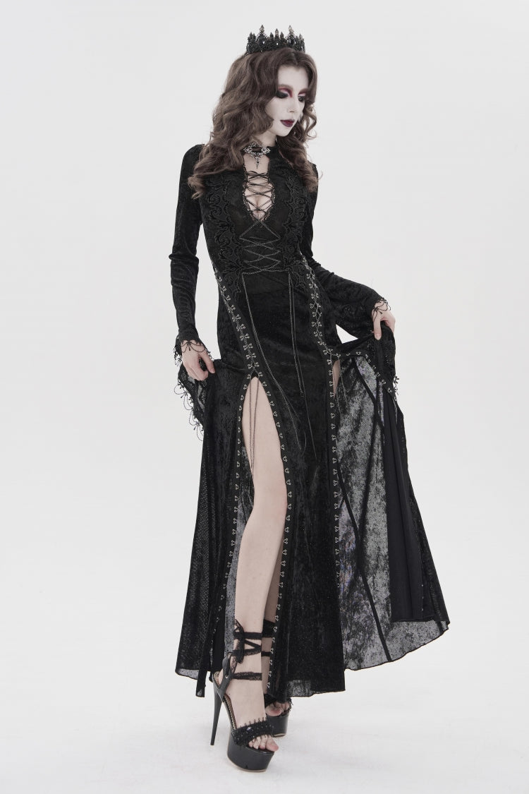 Black Halterneck Long Trumpet Sleeves Hanayome Lace Lace-Up Slim Chain-Decorated Women's Gothic Dress Plunging Split Maxi Dress - Product - 5