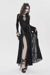 Black Halterneck Long Trumpet Sleeves Hanayome Lace Lace-Up Slim Chain-Decorated Women's Gothic Dress Plunging Split Maxi Dress - Product - 5