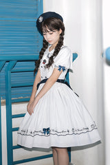 White Navy Stripe Print Short Sleeves Ruffle Embroidery Sweet Lolita Dress - Product - 4