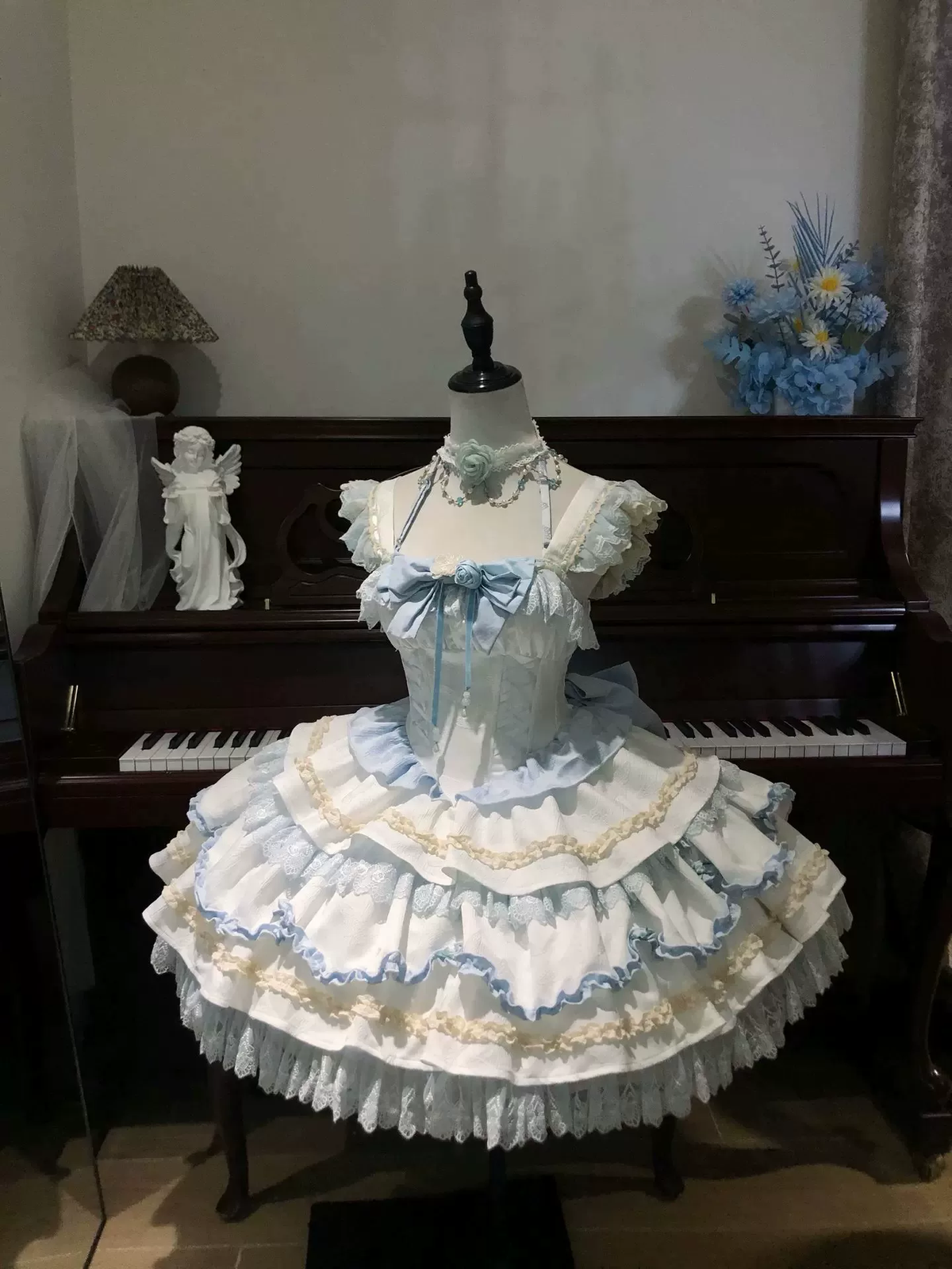Light Blue and Pink Ruffled Sweet Lolita Dress with Floral Bow Accent - view 2