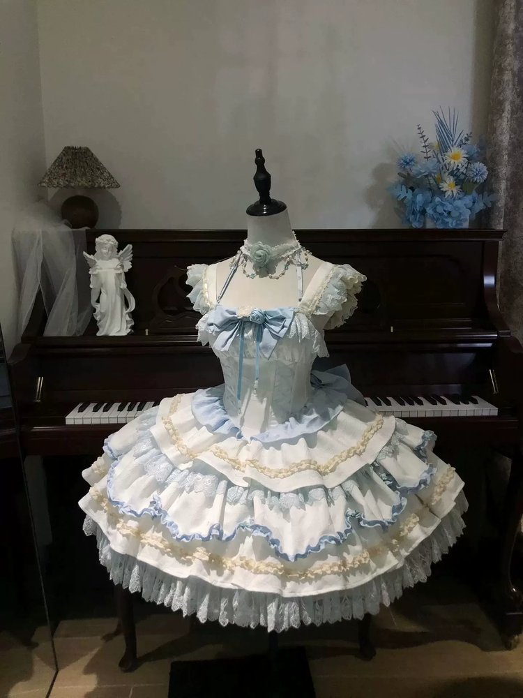 Light Blue and Pink Ruffled Sweet Lolita Dress with Floral Bow Accent - view 2