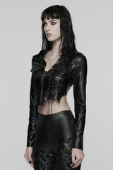 Black Stand Collar Long Sleeves Lace-Up Zipper Women's Punk Jacket - Product - 2