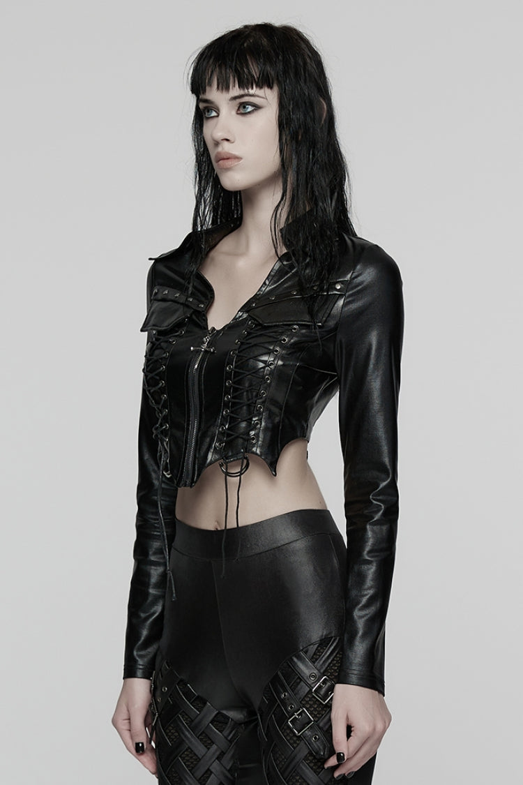 Black Stand Collar Long Sleeves Lace-Up Zipper Women's Punk Jacket - Product - 2