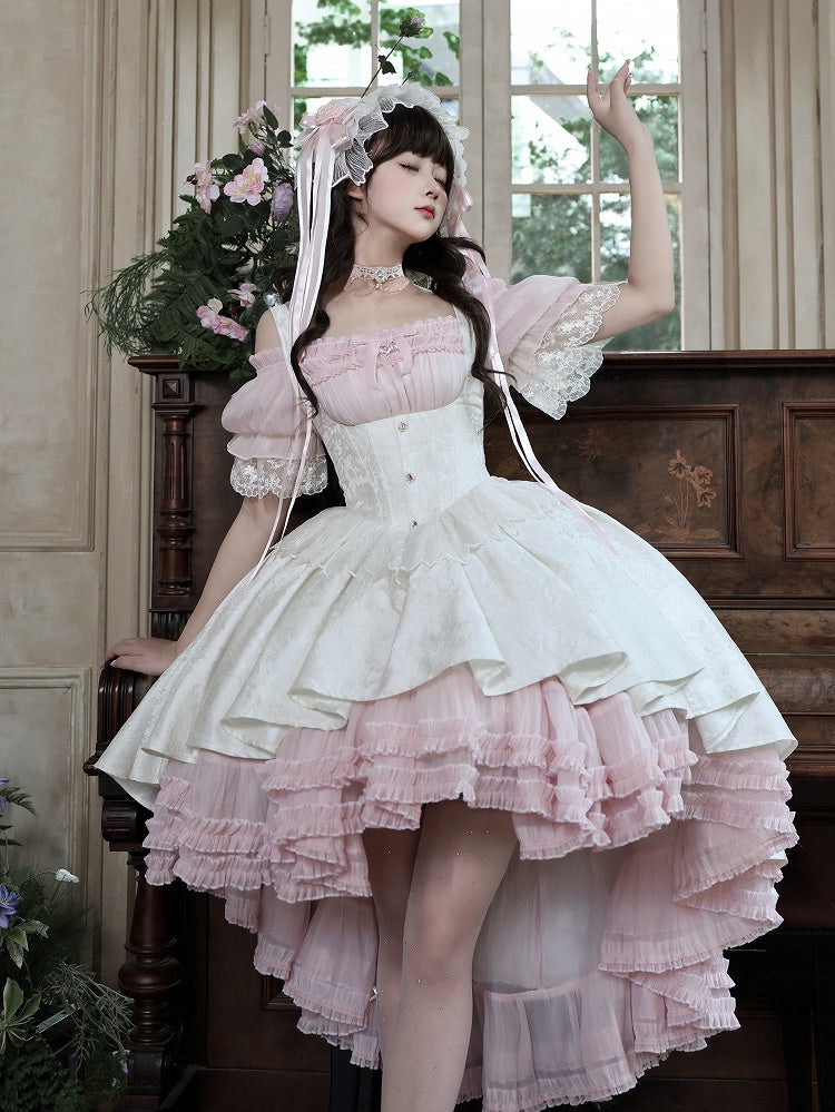 Pink & White Gothic Underbust JSK Dress and Off-Shoulder Blouse Set front view