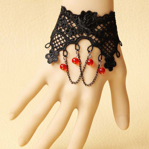 Black Retro Fashion Lace Flower Tassel Red Crystal Female Gothic Lolita Bracelet - Black - 1