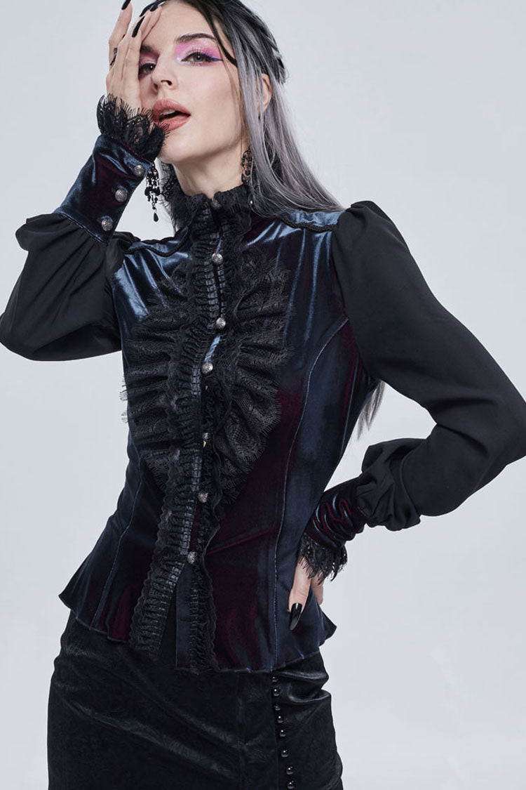 Black Gothic Turtleneck Three-Dimensional Lace Lantern Sleeves Stitched Velvet Lace-Up Long Sleeves Women's Shirt - Product - 2