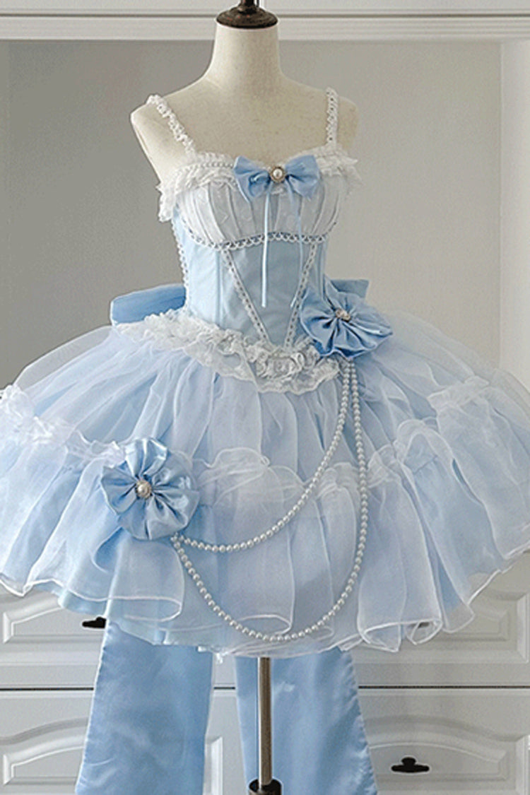 Blue/White Porcelain Printed Ruffled Bow Lace Sweet Plus Size Lolita Jsk Dress(Short Version) - Product - 2