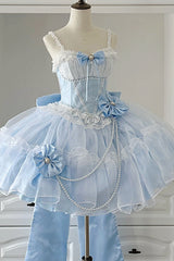 Blue/White Porcelain Printed Ruffled Bow Lace Sweet Plus Size Lolita Jsk Dress(Short Version) - Product - 2