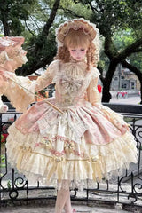 Pink [Gilded Waltz] Square Collar Sleeveless Printed Ruffled Embroidered Bow Lace Gorgeous Sweet Lolita Jsk Dress - Product - 4