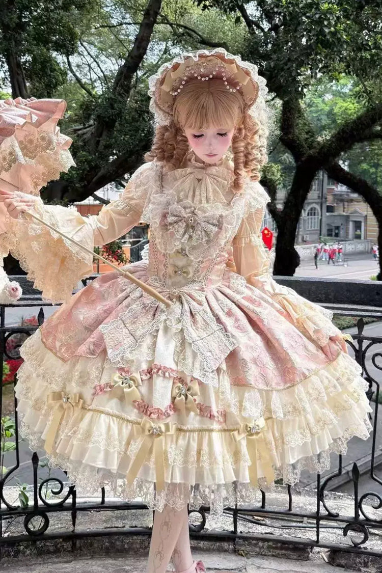 Pink [Gilded Waltz] Square Collar Sleeveless Printed Ruffled Embroidered Bow Lace Gorgeous Sweet Lolita Jsk Dress - Product - 4