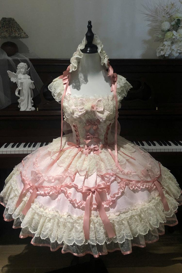 Pink [Dreaming Butterfly] Multi-Layered Jacquard Ruffle Bowknot Lace Sweet Princess Lolita Jsk Dress - Product - 9