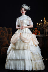 Champagne Stand Collar Multi-Layered Ruffled Lace Classic Vintage Palace Victorian Lolita Dress - Product - 7