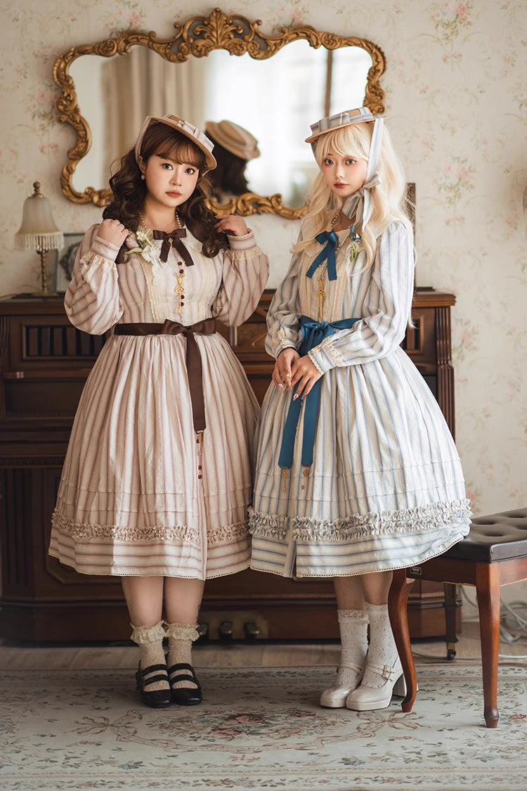 Forest Atlas Striped Print Long Sleeves Bowknot Sweet Lolita Dress 3 Colors - Product - 18
