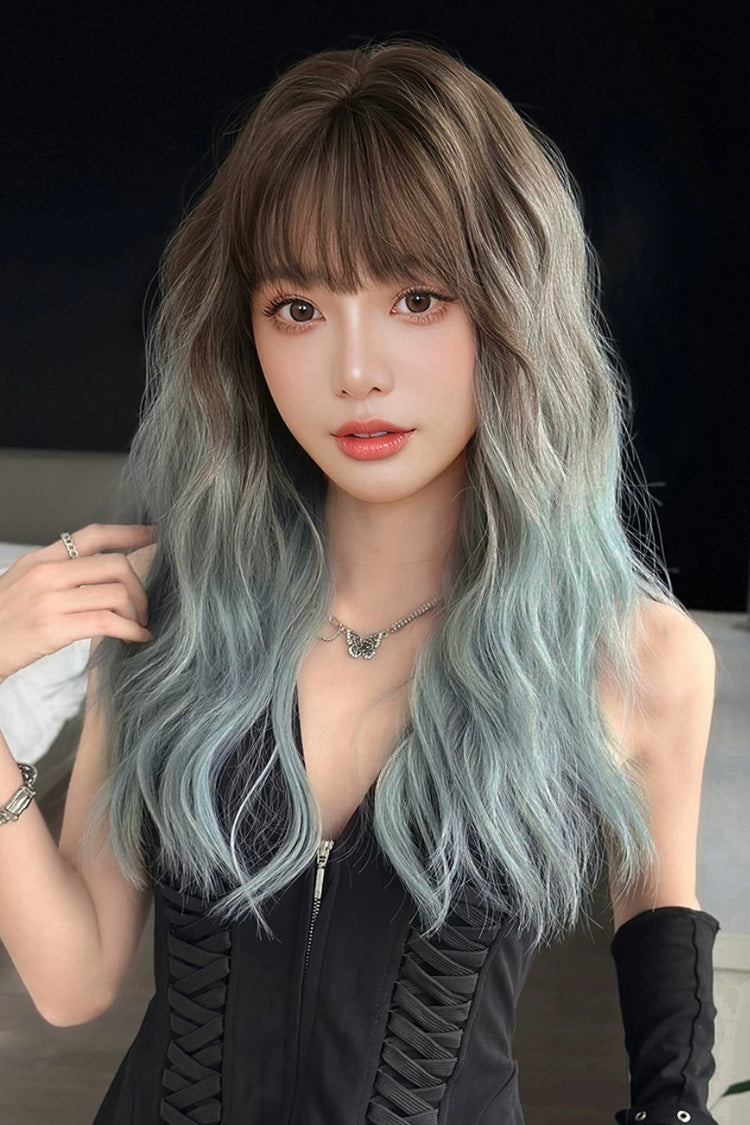 Brown to Mint Blue Ombre Romantic Air Bangs Fluffy Big Curly Sweet Lolita Full Wig detail view 2