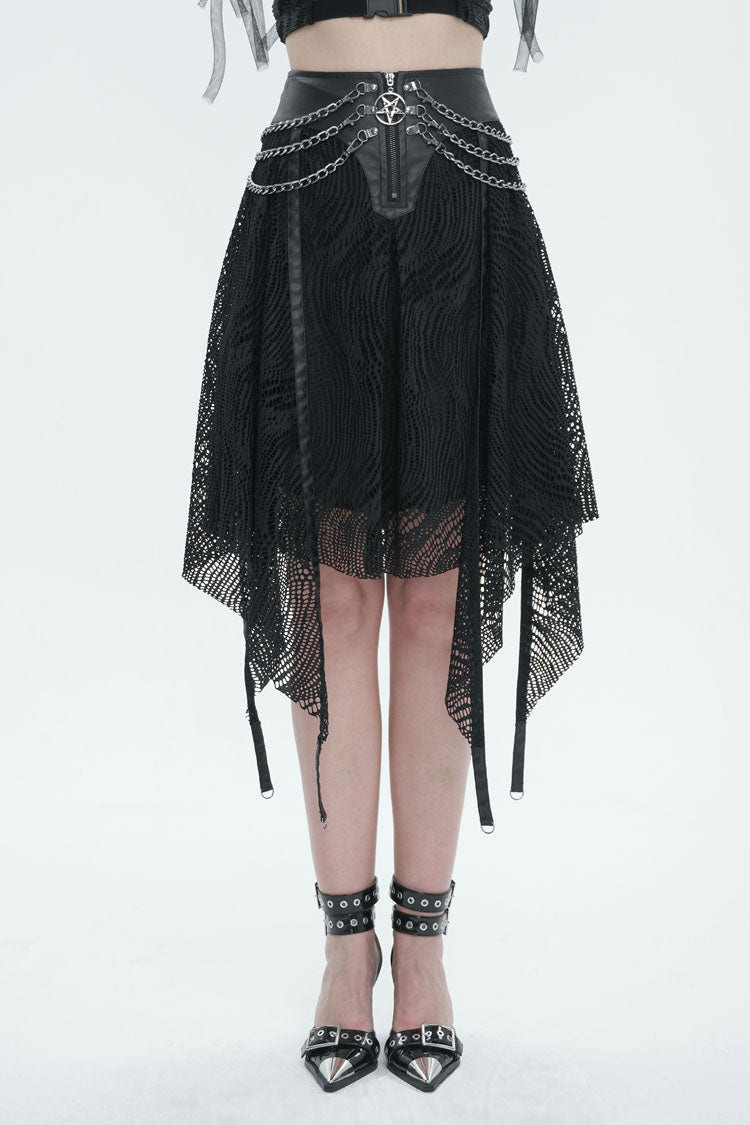 Black Irregular Half Hollow Knit Metal Chain Decorated Women's Punk Skirt - Black - 1