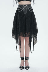 Black Irregular Half Hollow Knit Metal Chain Decorated Women's Punk Skirt - Black - 1