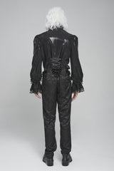 Black Stand Collar Long Puff Sleeves Embroidery Stitching Lace Men's Gothic Blouse - Product - 7