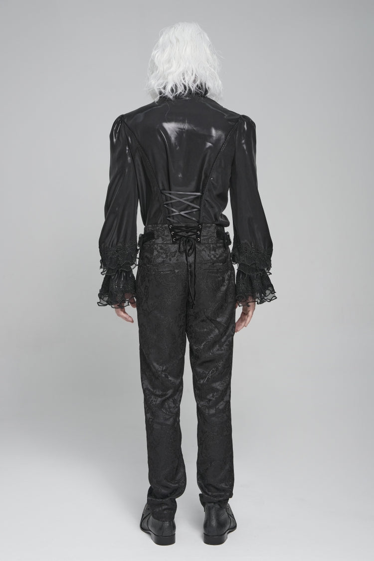 Black Stand Collar Long Puff Sleeves Embroidery Stitching Lace Men's Gothic Blouse - Product - 7