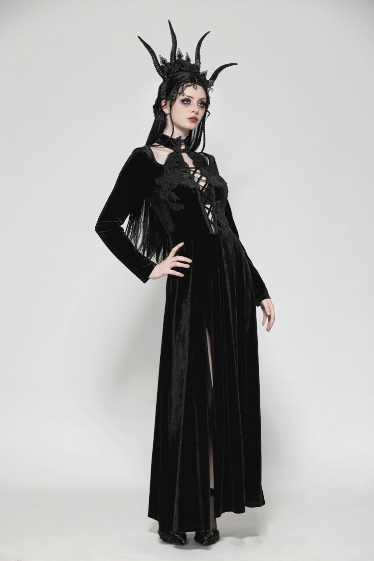 Black Long Sleeves Cut-Out Lace-Up Women's Gothic Side Slit Velvet Party Dress Wedding Dress - Product - 7