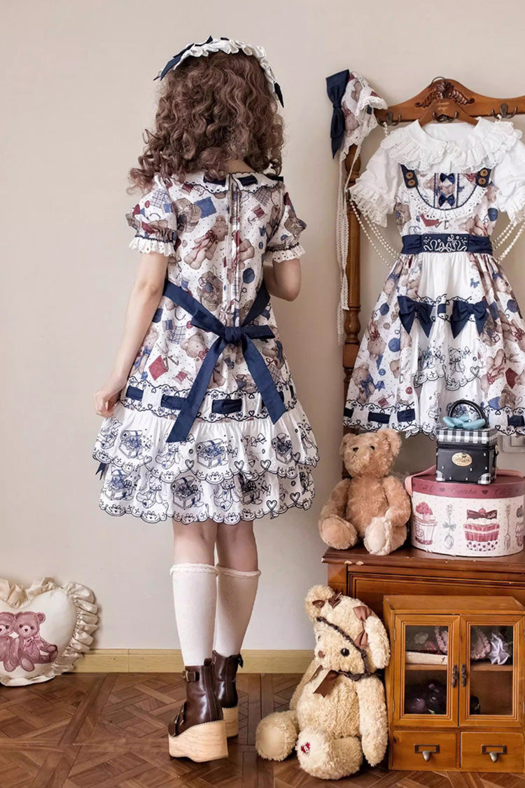 Multi-Color [Little Bear Tailor] Round Collar Short Sleeves Double-Layered Printed Ruffled Bow Sweet Lolita Dress - Product - 5