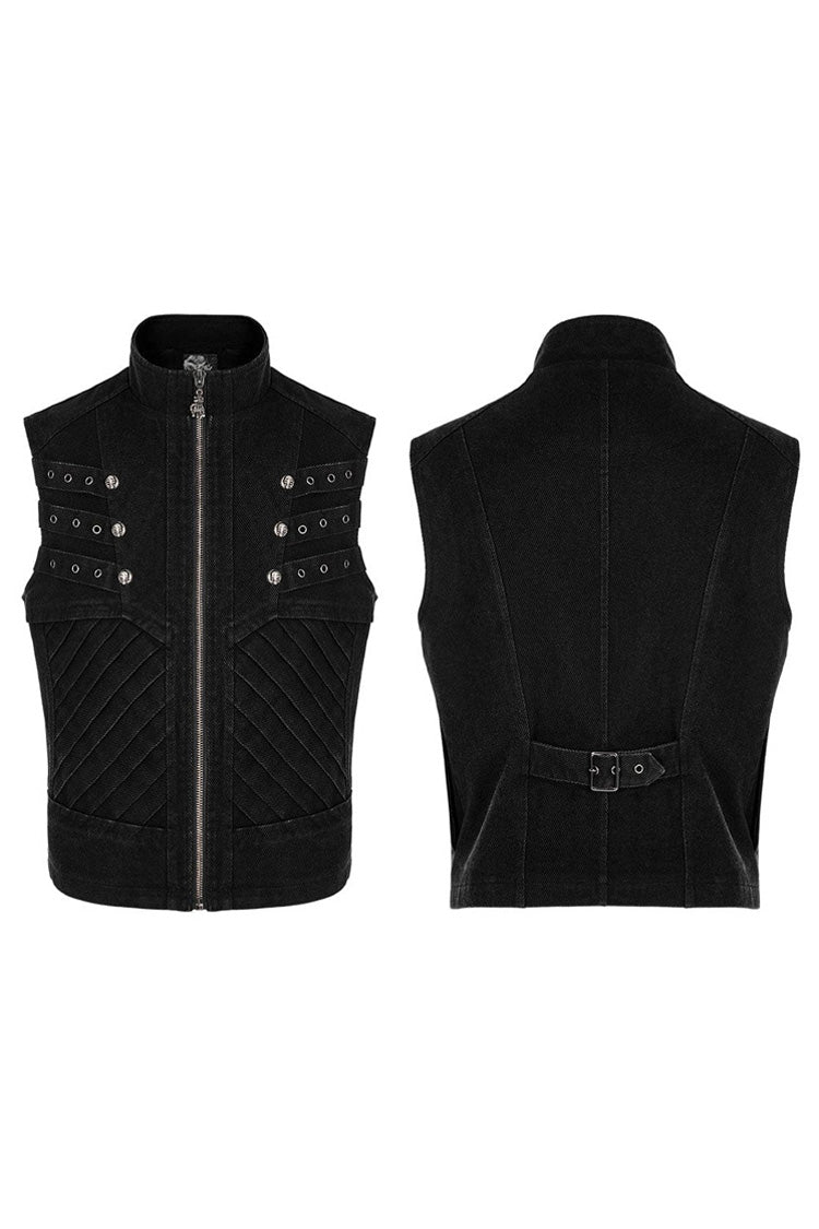 Black Punk Apocalyptic Stand Collar Twill Metal Skull Zip Men's Vest - Product - 5