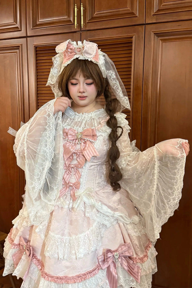 ピンク [Prelude of Ribbons] スクエアカラー ノースリーブ ジャカードフリル 前開きリボンレース パールディテール 花柄 大きめサイズ スウィートロリータ ジャンパースカート（JSK） 商品画像