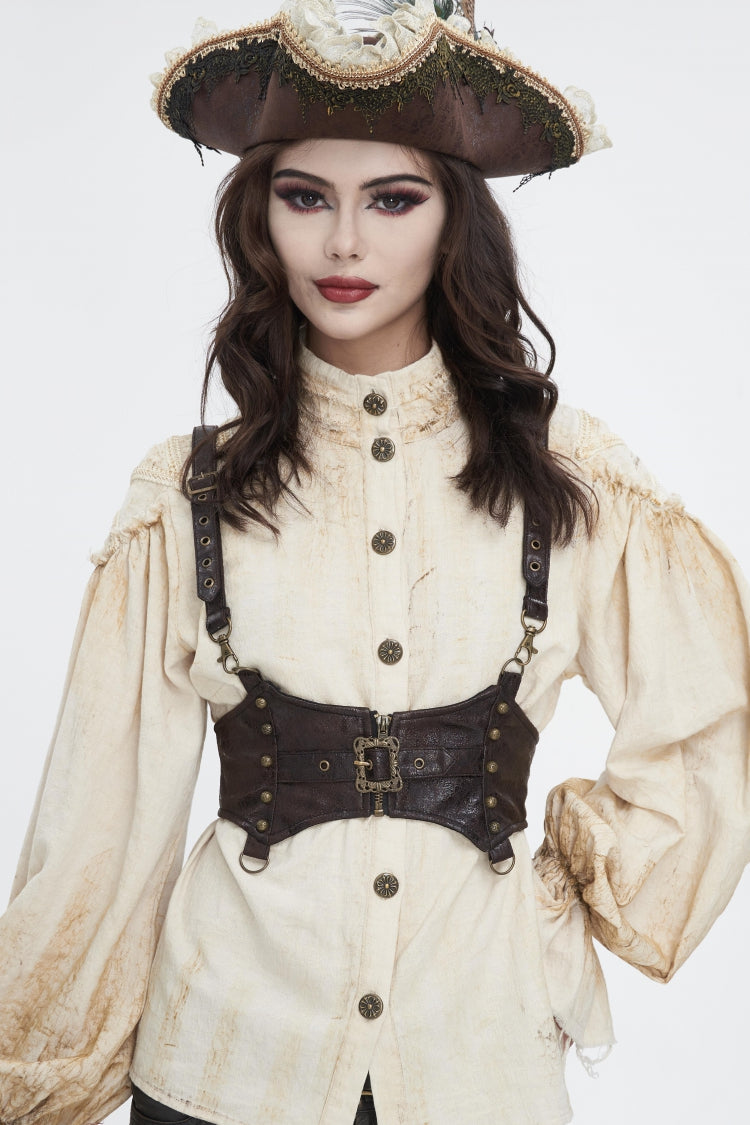 Brown Lace-Up Slim Buckled Strappy Eyelet Women's Punk Corset - Brown - 1