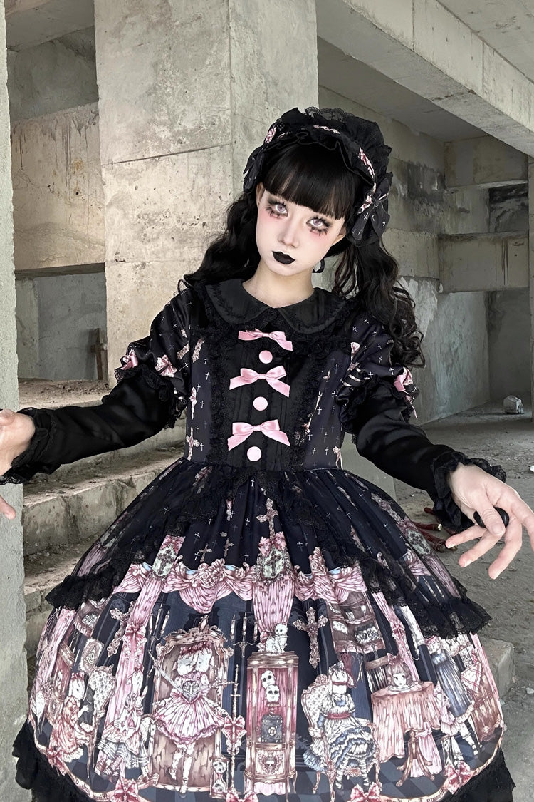 Black [The Case of the Missing Lamb] Print Long Sleeves Ruffle Bowknot Lace Gothic Lolita Dress - Product - 6