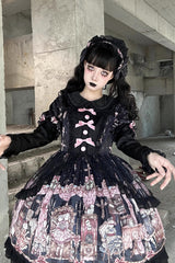Black [The Case of the Missing Lamb] Print Long Sleeves Ruffle Bowknot Lace Gothic Lolita Dress - Product - 6