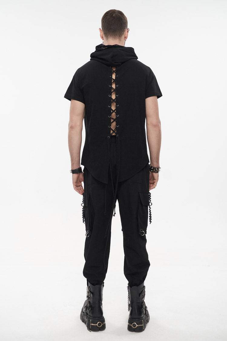 Black Hooded Mesh Splice Zipper Back Openwork Lace-Up Casual Short Sleeve Men's Punk T-Shirt - Product - 6