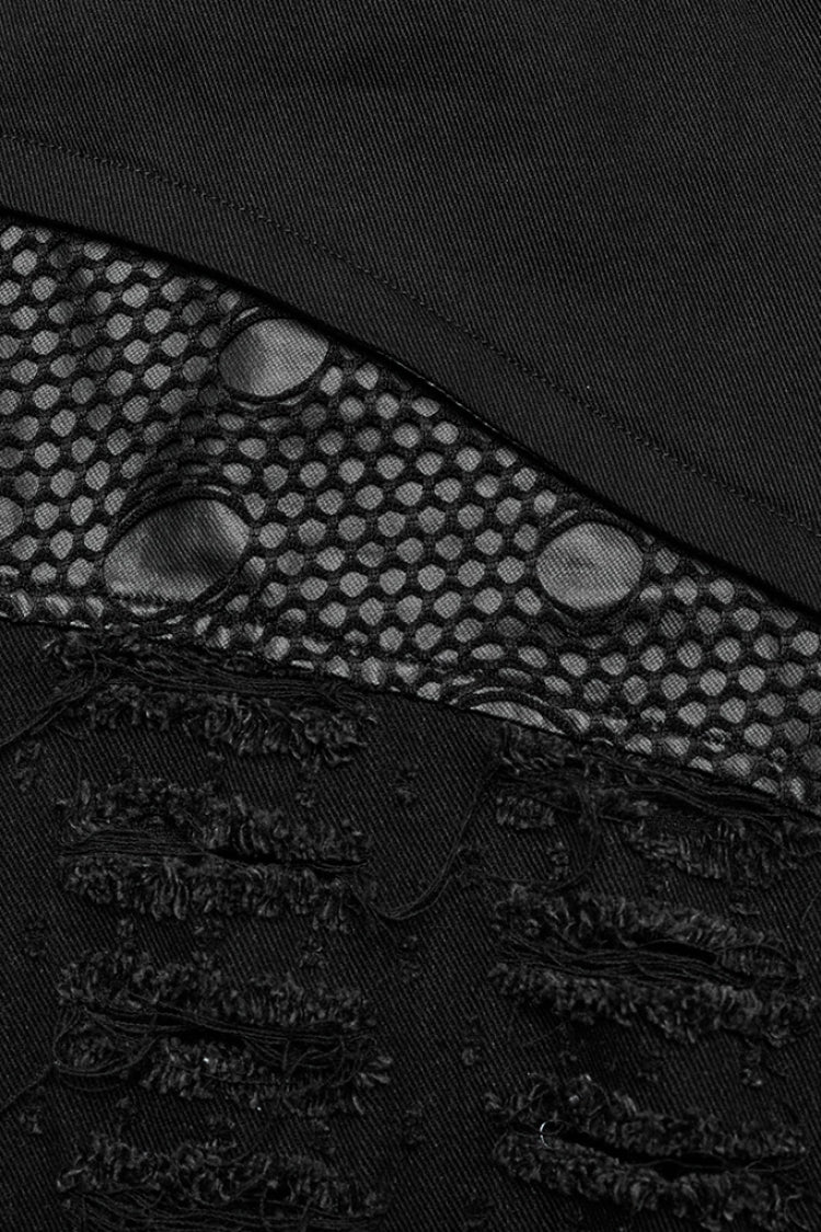 Black Embossed Stitching Mesh Ripped Women's Steampunk Straight Pants - Product - 8