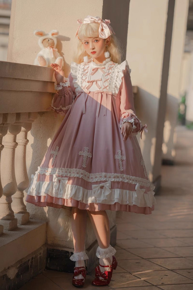 Pink [Cross Wish Dream] Long Sleeves Bowknot Lace-Up Sweet Lolita Tiered Dress - Product - 3