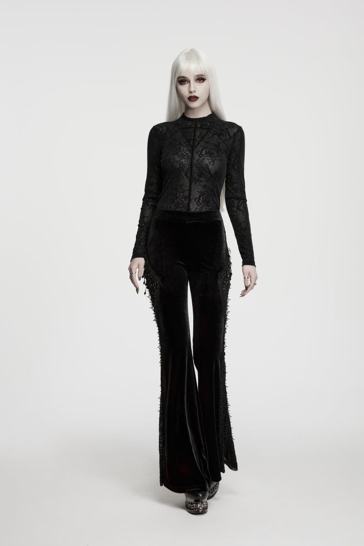 Black  High Collar Long Sleeves Rose Jacquard Lace Slim Fit Women's Gothic Luxurious Top - Product - 8