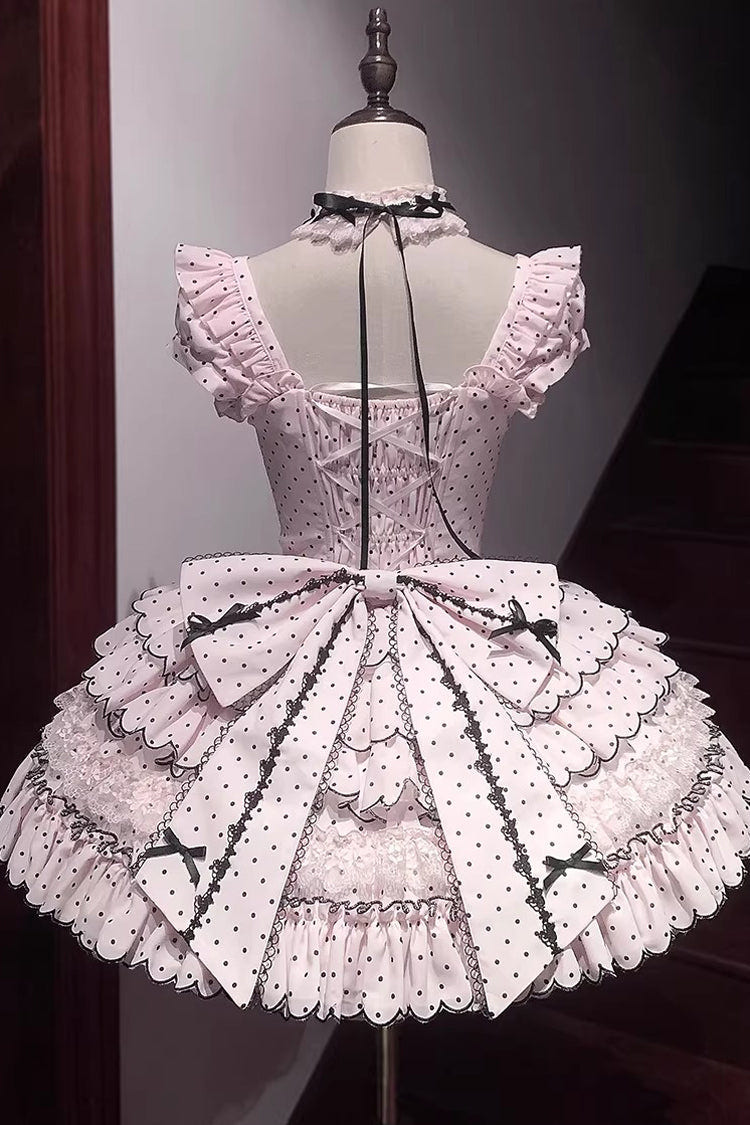 Pink Sleeveless Multi-Layered Polka Dots Printed Ruffled Bow Sweet Princess Lolita Jsk Dress - Product - 8