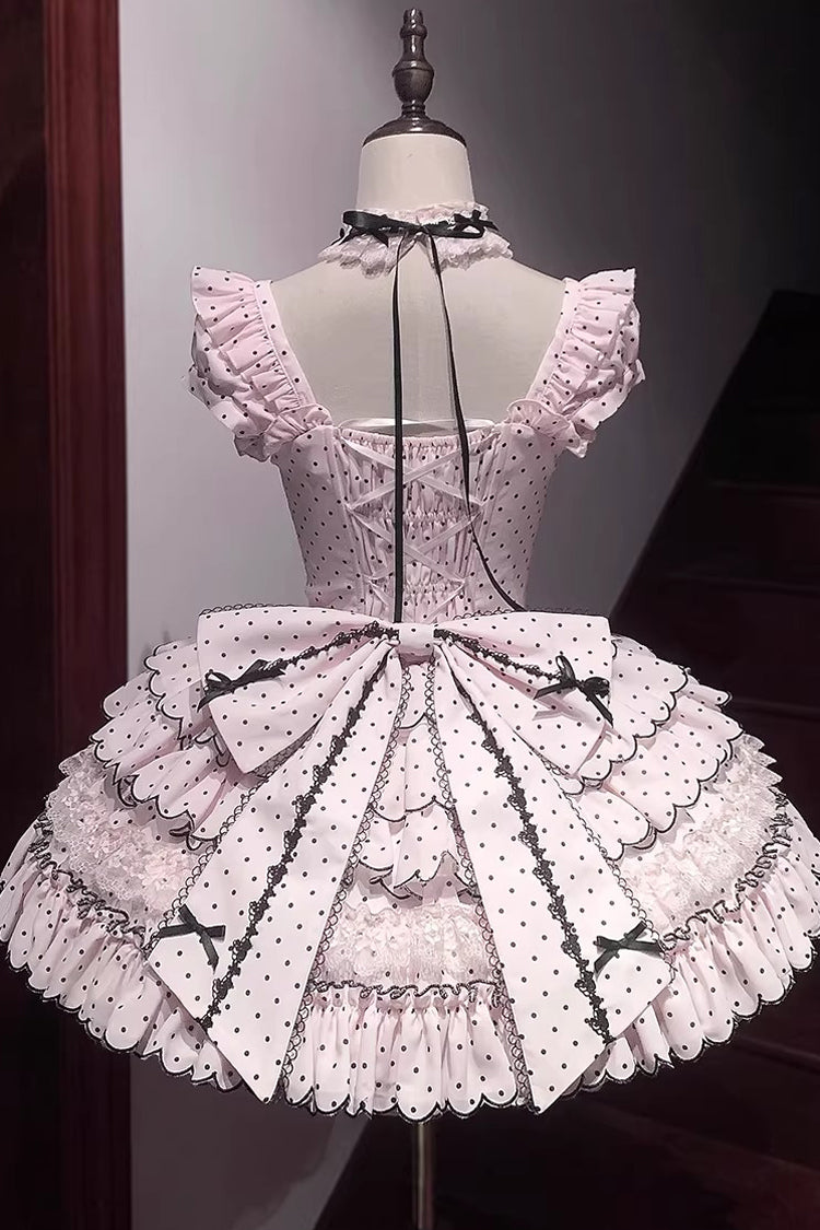 Pink Sleeveless Multi-Layered Polka Dots Printed Ruffled Bow Sweet Princess (Dress Only) detail view 8