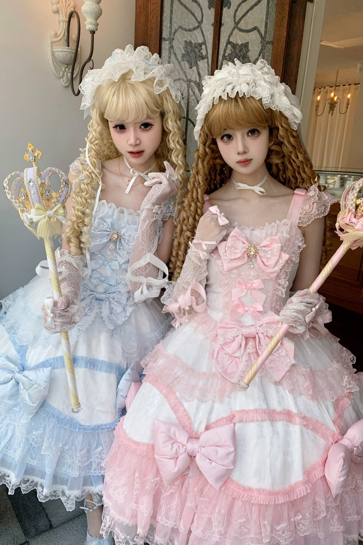 White/Blue [Flower Dream Isle] Square Collar Multi-Layered Ruffled Bow Lace Sweet Lolita Jsk Dress - Product - 9