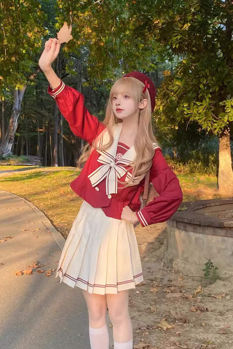 Red/White Bowknot Sweet College Style Japanese School Skirt Set - Product - 3