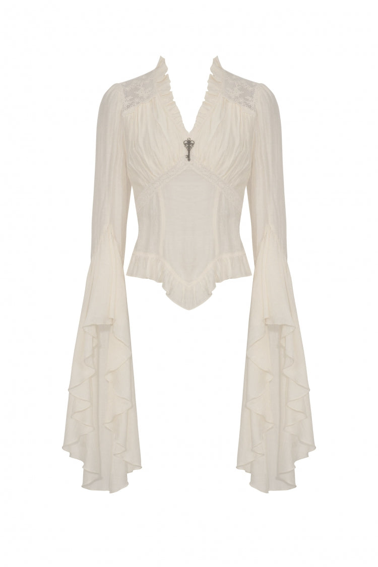 White V Collar Ruffled Long Trumpet Sleeves Women's Steampunk Blouse - Product - 3