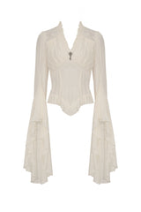 White V Collar Ruffled Long Trumpet Sleeves Women's Steampunk Blouse - Product - 3